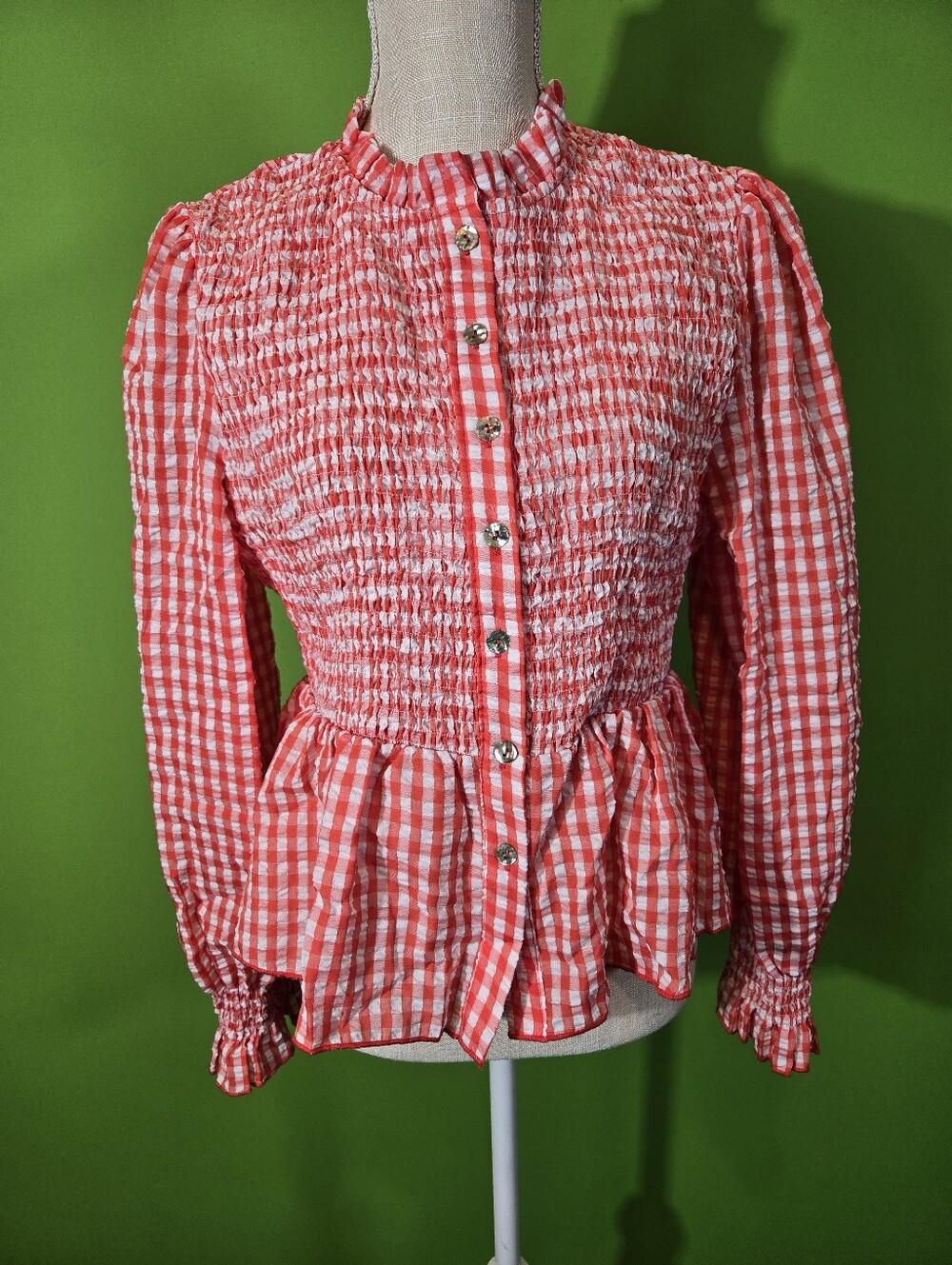 Red Gingham Smocked  Ruffled Cuff Top Blouse XL Cottagecore
